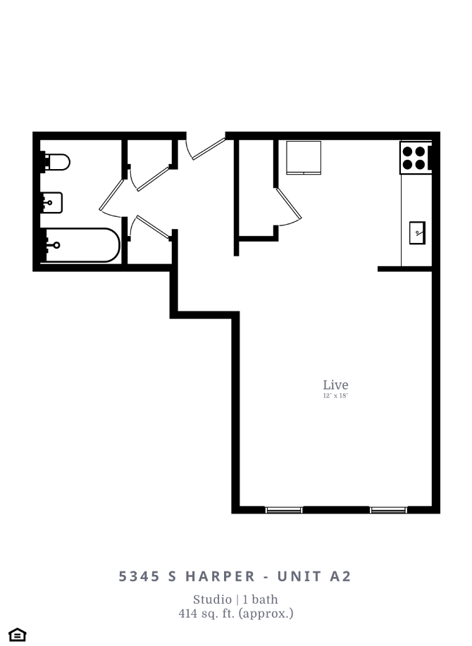 Floor plan for studio, 1 bath, 414 sqft